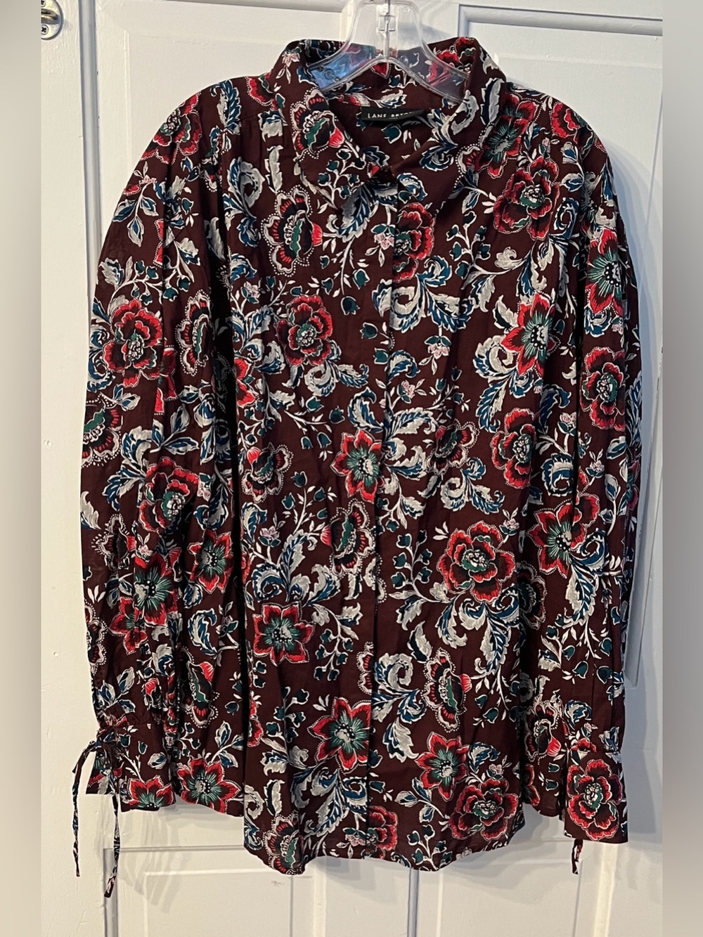 Lane Bryant 22/24 Button Front Floral Paisley Shirt Long Sleeves Burgundy Teal